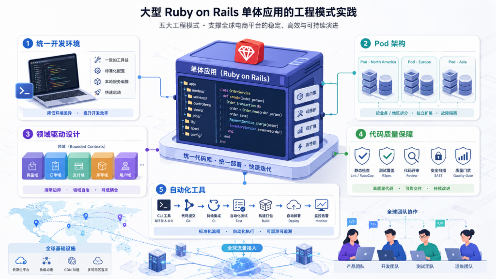 大型 Rails 应用工程模式：开发环境、Pod 架构与领域驱动设计实践